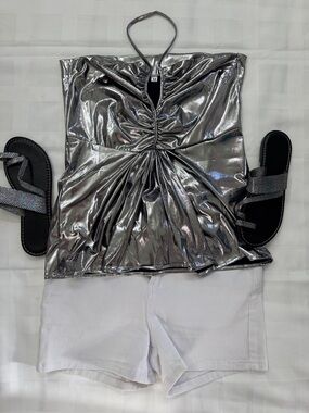 SHEIN Shiny Silver Metallic Ruched Halter Top